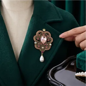 Broche vintage de gema rosa y perla elegante estilo barroco palacio para mujer joyería fino