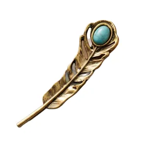 Vintage feather brooch with turquoise inlay, retro bronze metal suit pin fashion jewelry accessory