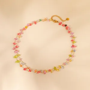 Double layer colorful natural stone beaded clavicle necklace, elegant fashion jewelry.