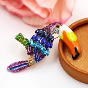 Detailed view of sparkling crystal toucan brooch with vibrant rhinestones and alloy setting.