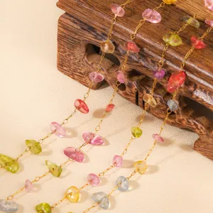 Colorful natural stone chip beaded necklace set with delicate gold chain for women fashion jewelry.