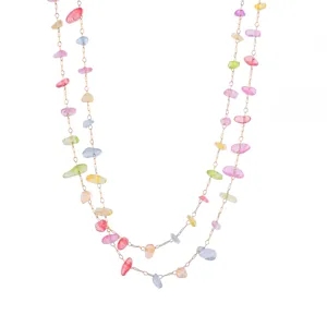 Detailed view of a multi-strand colorful gemstone beaded necklace with delicate gold chain design.