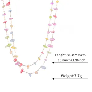 Colorful beaded layered necklace with gold chain for women, sweet minimalist clavicle chain.