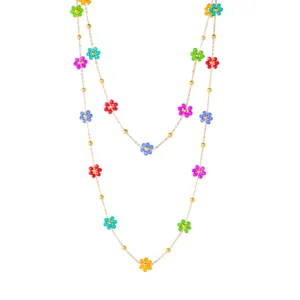 Detailed view of the double-layer gold chain necklace with colorful crystal beaded flowers.