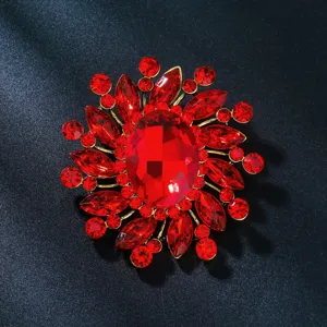 Luxe rouge cristal strass fleur broche élégant vêtements accessoire épingle pour femme.