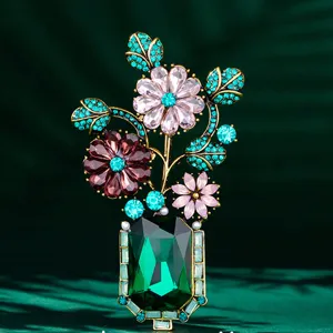 Vintage European Style Crystal Flower Vase Brooch Elegant Alloy Rhinestone Floral Pin For Women Wedding Banquet Party Apparel Jewelry