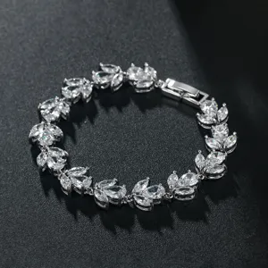 Elegantes Kupfer Strass Blatt Armband Glänzendes Tennis Kette Armband Für Braut Hochzeit Party Damen Schmuck