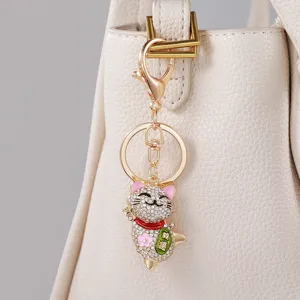 Strass Gatto Portafortuna Ciondolo Borsa Lega Dorata Portachiavi Grazioso Accessorio