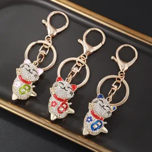 Dolce Portachiavi Gatto della Fortuna in Lega con Strass Simpatico Ciondolo Borsa Gatto Cartone Animato Pendente Borsa Galvanizzato per Donna Anello Portachiavi Accessori Auto