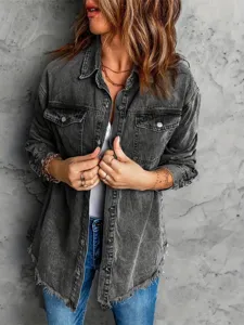 Detail view of casual black washed denim jacket for women, featuring button-up closure.