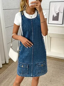 Casual washed denim overall dress for women, loose sleeveless jumper dress with utility pockets.
