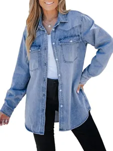 Detailed view of the light blue denim shirt featuring front button closure and dual pockets.