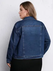 Veste en jean stretch grande taille pour femme, manteau décontracté classique détail.
