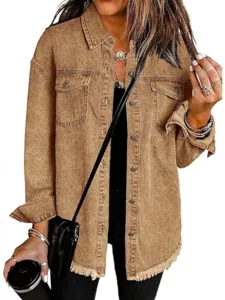 Detail view of women washed brown denim jacket featuring fringe hem and multiple front buttons.
