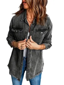 Detail view of the washed black denim jacket featuring raw frayed hem and pockets.