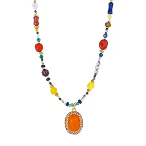 Bohemian colorful beaded necklace with oval orange pendant, stylish clavicle chain jewelry.