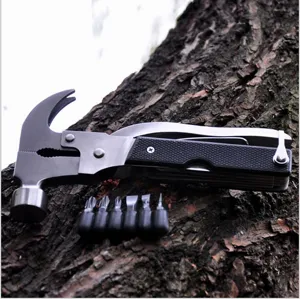 Multi-tool hammer detail shot, showing stainless steel claw hammer head and portable bits.