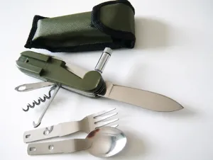 Multifunctional camping pocket knife with fork, spoon, bottle opener and storage pouch.