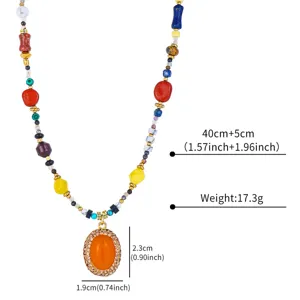 Colorful beaded necklace detail showcasing vibrant stones, pendant and dimension data.