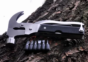 Multi-tool hammer pliers with screwdriver bits, portable outdoor survival camping gear.