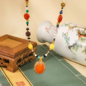 Colorful Beaded Necklace with Oval Orange Pendant Vintage Choker Jewelry for Women