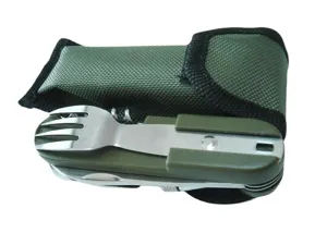Portable multi-functional camping cutlery set with green pouch outdoor tableware tool
