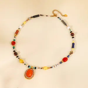 Colorful beaded necklace with orange pendant vintage style fashion jewelry for women elegant clavicle chain