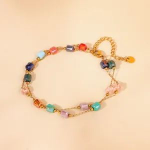 Multi-layer colorful crystal cube bead necklace, elegant gold chain clavicle chain jewelry.