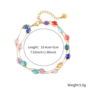 Double layer colorful cube beaded necklace with gold chain, sweet style fashion neck jewelry.