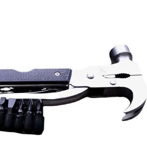 Multi-function hammer and pliers combo tool with claw hammer design and portable screwdriver bits.