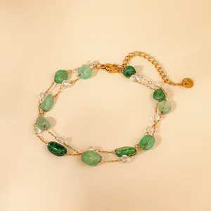 Double layer green stone necklace gold chain stylish jewelry for women elegant clavicle chain