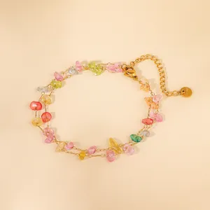 Double layer colorful gemstone chip bracelet with gold chain stylish fashion jewelry accessory