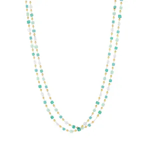 Double layer green beaded necklace for women, stylish cubic charm clavicle chain jewelry.