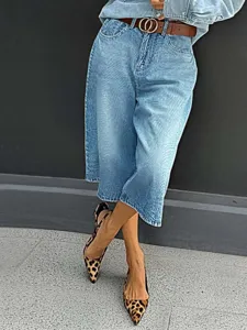 High-waisted straight capri cropped denim jeans featuring brown belt for women casual style view