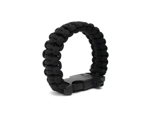 Schwarzes Paracord Überlebensarmband mit Notfallpfeife und Schnalle für Outdoor Abenteuer.