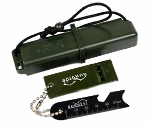 Outdoor survival magnesium vuursteen fire starter set met fluitje en multi-tool liniaal.