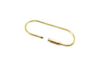 Close-up detail of brass U-shaped key ring, durable metal EDC tool keychain component.