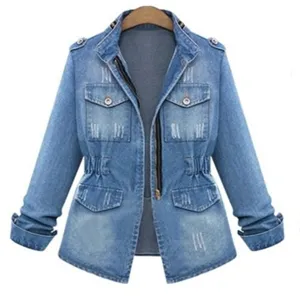 Detailed view of women casual slim fit denim jacket, light blue wash with stylish zipper pockets.