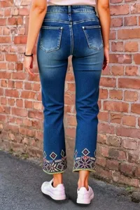 Women slim fit straight denim jeans with colorful ethnic embroidered hem casual pants detail
