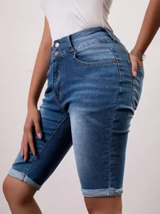 Women high waist denim shorts slim fit cuffed hem casual summer blue jean shorts streetwear