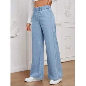 Women's casual light blue elastic waist wide-leg loose denim jeans main view style