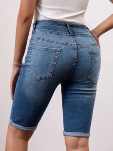 Women's high-waisted slim-fit denim shorts featuring cuffed hems and back pockets detail.