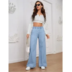 Women's casual elastic wide-leg loose lightweight denim jeans, stylish everyday wear.