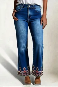 Women high waist embroidered straight leg denim jeans casual vintage stylish trousers pants