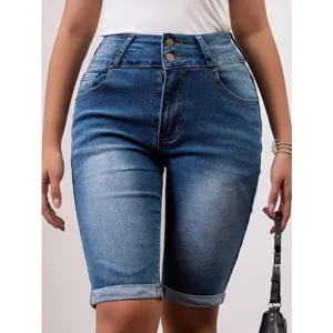 Women's Casual Slim Fit Denim Shorts Mid Waist Button Fly Blue Shorts