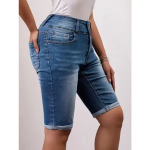 Women's high-waisted denim shorts, slim fit casual summer wear with rolled cuffs.