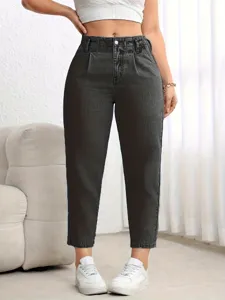 Black washed denim straight leg jeans for women, high waist casual stretch trousers.