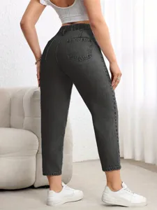 Women black washed denim straight leg jeans casual high waist stretch trousers for daily wear.
