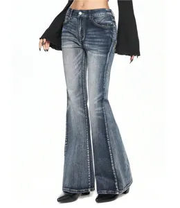 Women's vintage distressed wash slim flare jeans with high waist and side embroidery details.