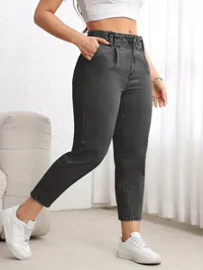 Detailed shot of dark gray high-waisted washed denim straight jeans with elastic waistband.